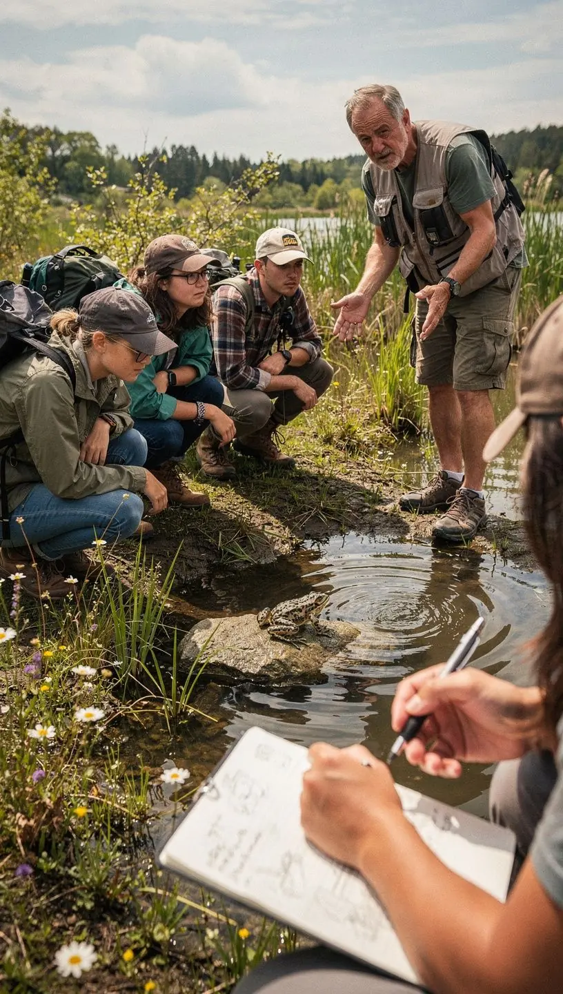 Egy kutató, aki a természetben figyeli a madarak fészekrakási szokásait.