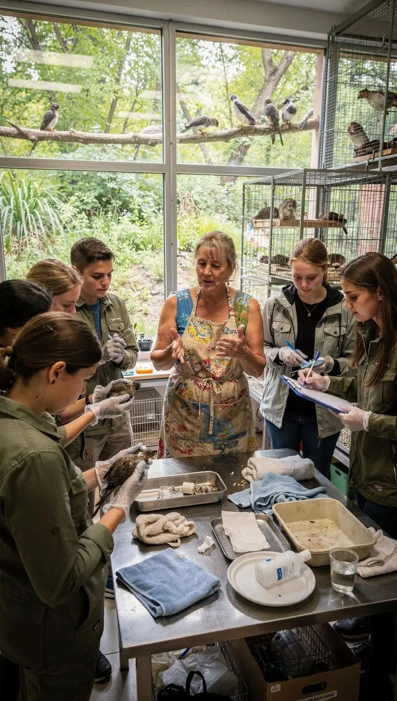 Diákok csoportja, akik egy etológiai kísérletet végeznek laboratóriumi körülmények között.