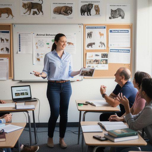 Egy szakértő biológus, aki a vadon élő állatok szokásait ismerteti egy előadáson.